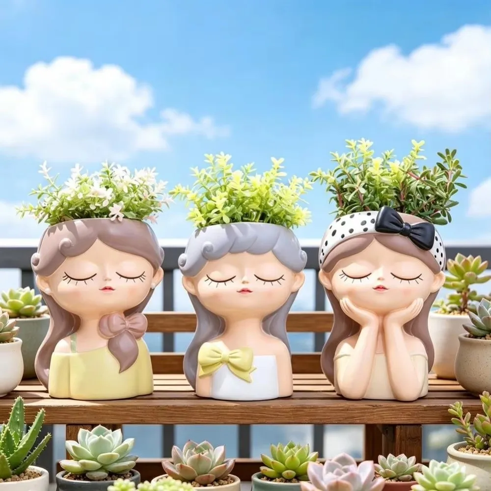 Cute Resin Girl Face Planter Pot Nordic Style Realistic Fairy Flowerpot Cartoon Succulent Planter Pot Kitchen