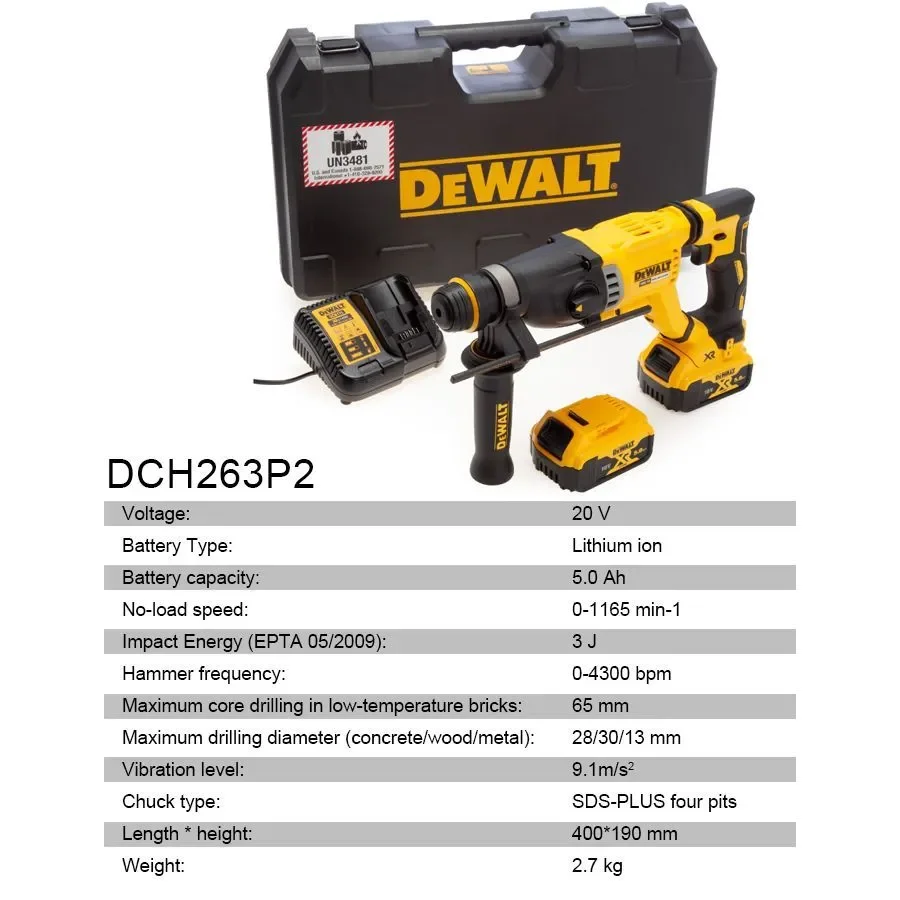 DEWALT DCH263P2 Cordless Brushless Electric Hammer 20v with Battery*2 & Charger & Toolbox Hand-held Rotary Hammer Power Tool Set