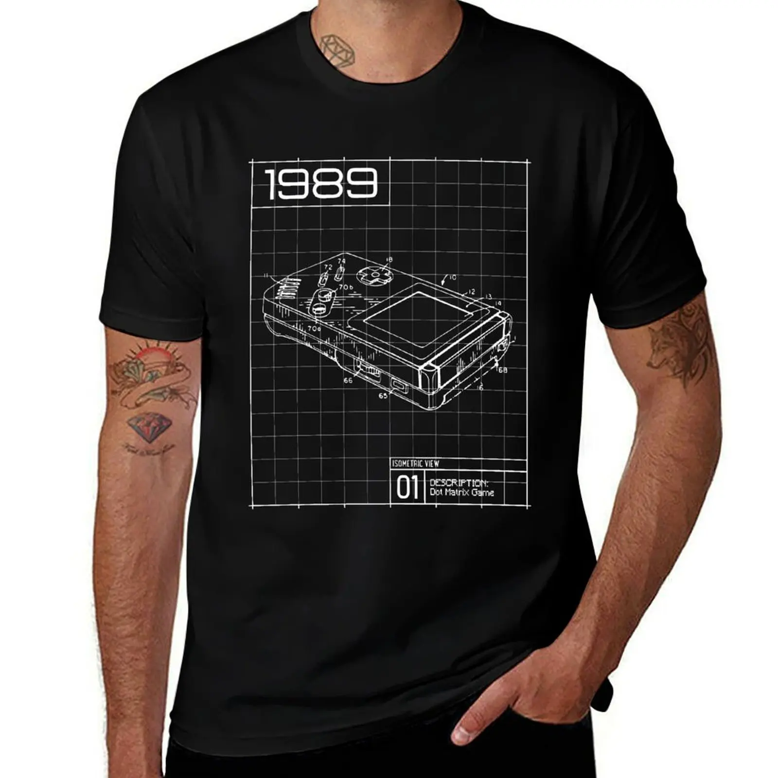 8-bit handheld console technical diagram blueprint retro old school video game T-Shirt Modern Style Print T-Shirt