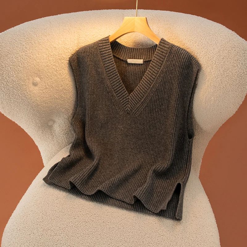 

Женский пуловер с v-образным вырезом и разрезом, 100% кашемир, простой свитер, жилет, осень-зима, удобный универсальный трикотаж