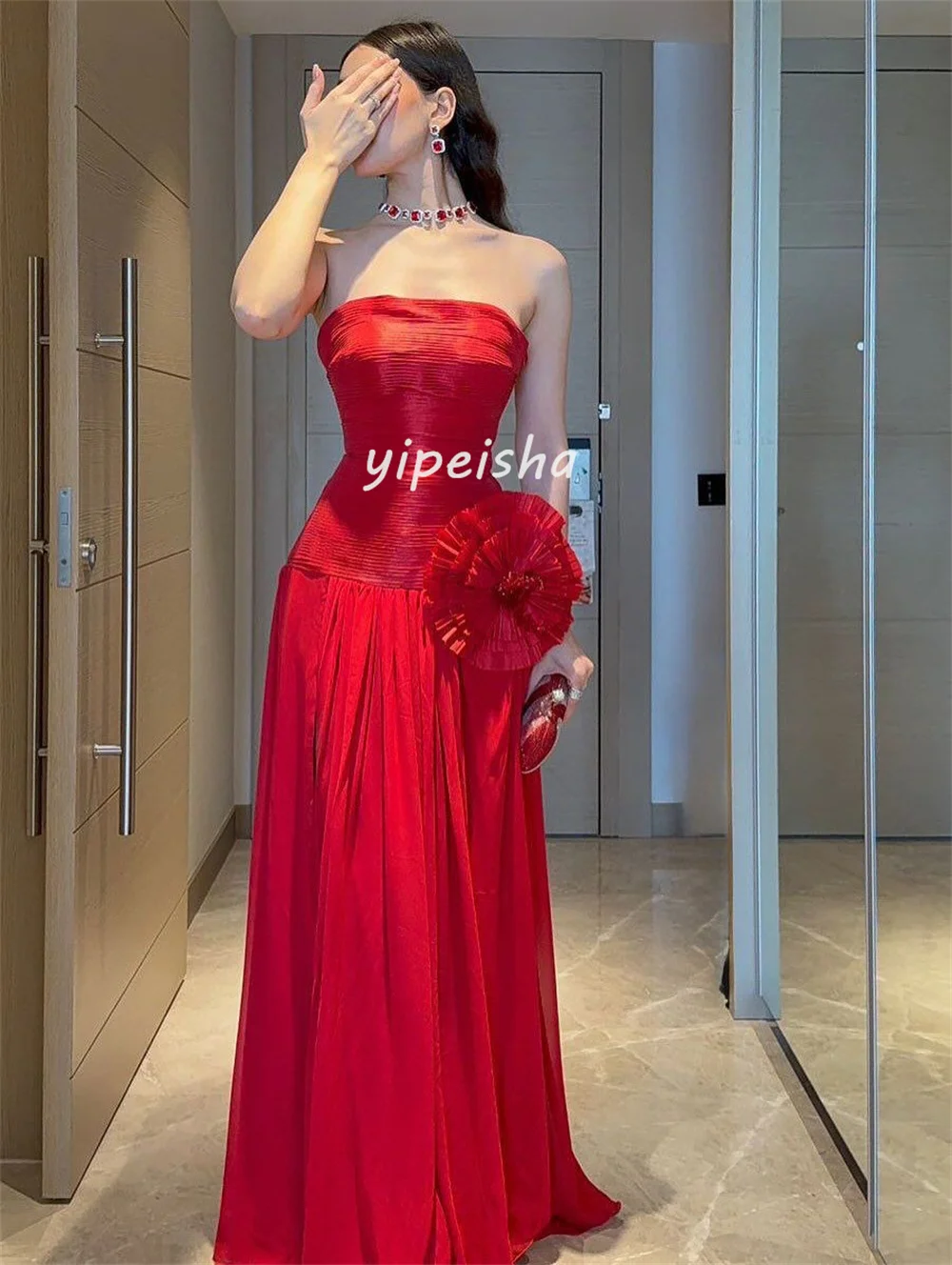 Vestidos largos sin tirantes rectos plisados de flores hechos a mano de gasa clásicos personalizados de alta calidad vestidos para ocasiones a medida elegantes