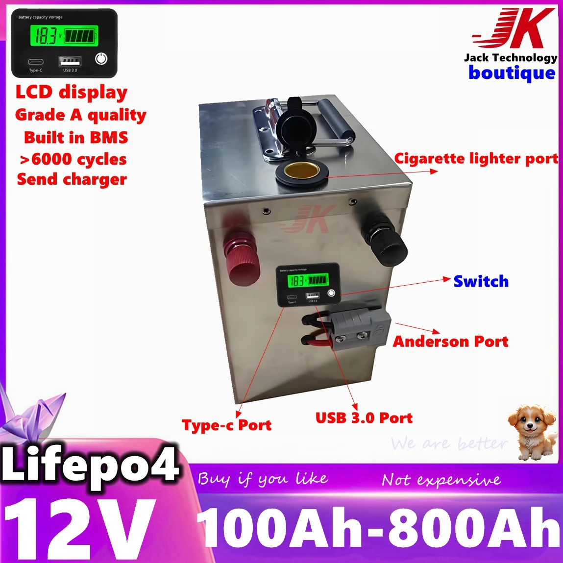 

JK 12V 100Ah 200Ah 300Ah 400Ah 500Ah 600Ah 700Ah 800Ah Lifepo4 Battery for EV,starter Outdoor Motor home Solar System Inverter