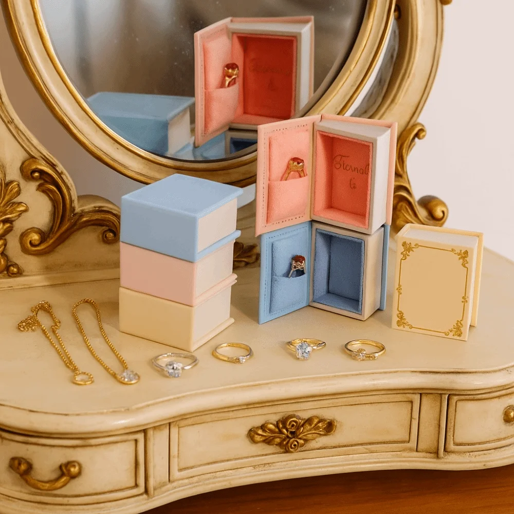 

Fresh Flip Lid Book Shape Ring Box Solid Color Jewelry Packaging Storage Box Outdoor Wedding Party Ring Gifts Box For Bride Girl