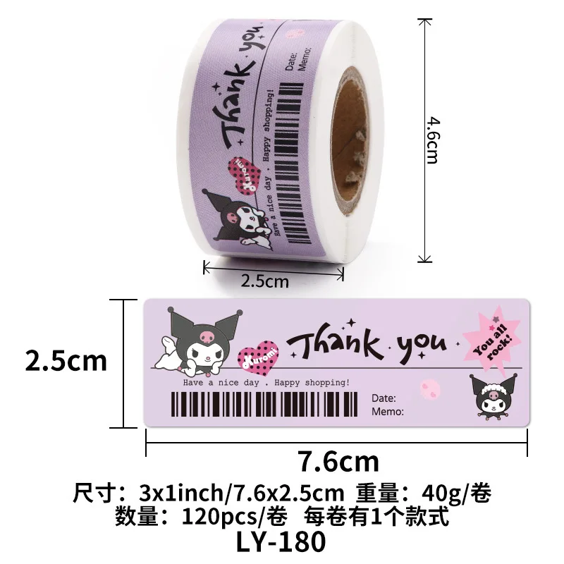 120pcs Cute Sanrio Kuromi My Melody Stickers Roll Kawaii Cartoon Thank You Sealing Labels Sticker Anime Vinyl Decoration Decals