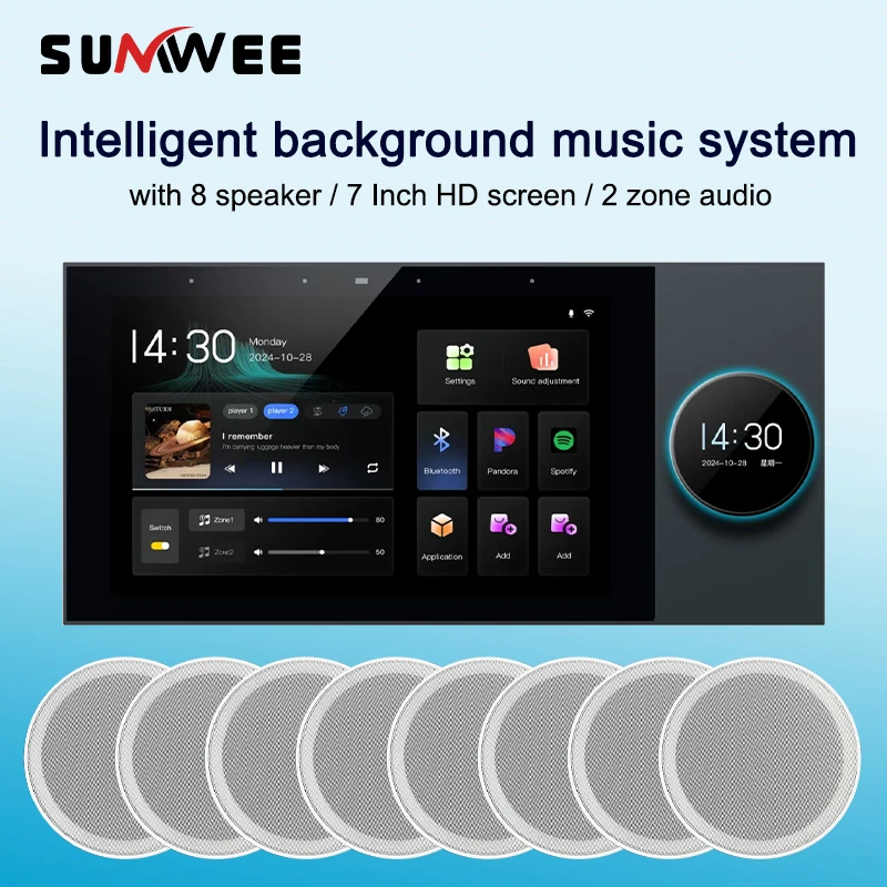 Smart Background music system 2 zone audio in wall amplifier WIFI android 11 player tuya home control panel with ceiling speaker