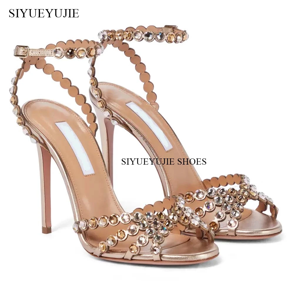 Red Rhinestone Luxury Sandals Round Toe Thin High Heels Open Toe Buckle Strap Sandals Hottest Fashion Sexy Summer Women Shoes