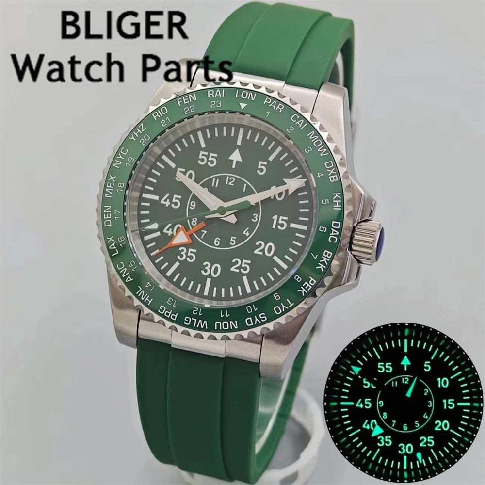 Bliger-男性用サファイアガラス付き機械式時計,緑色の発光ラバーストラップ,ソリッドエンドリンク,グライドクラスプ,防水,40mm,nh34a