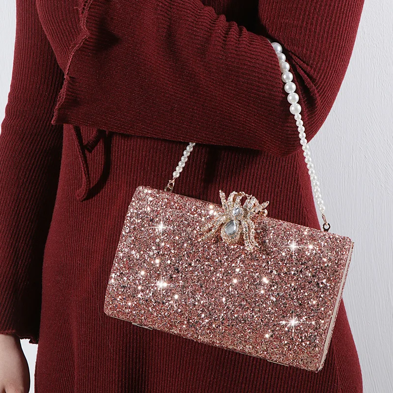 Trendy Fine Rose Gold Frosting Sequin Handbags Korean Women Ladies Wedding Party Evening Bag Clutch Dinner Banquet Shoulder Bags