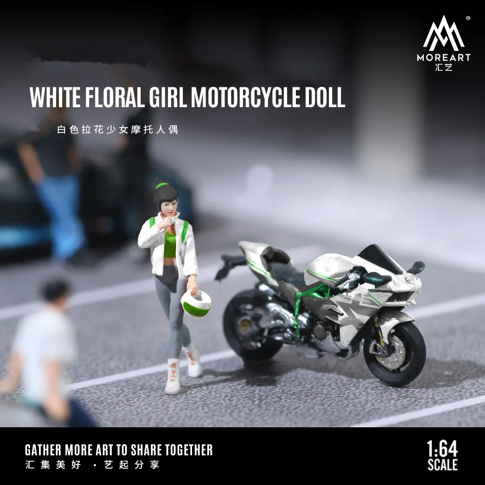 More Art 1:64 White Floral Girl  Motorcycle Doll Set Model For Display & Collection & Gift