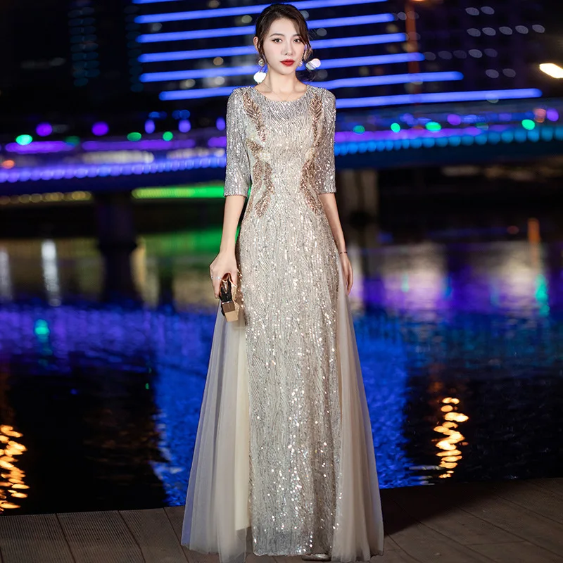 

Champagne Sparkly Stylish Sequins Cheongsam Half Sleeve Prom Party Dress Gown Collar Pleated Qipao Elegant Zipper Vestidos