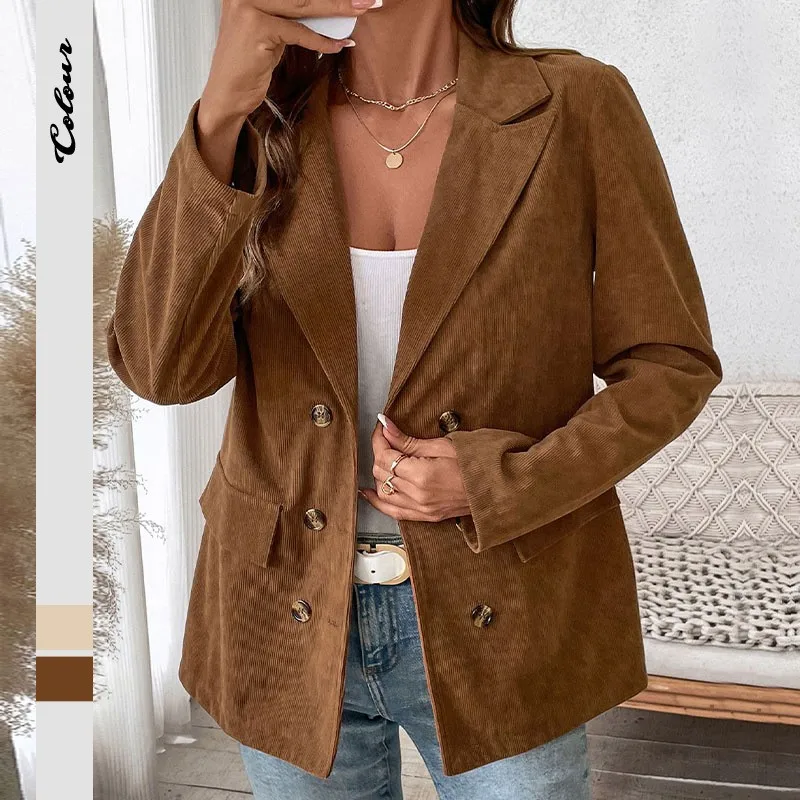 Loose Fit Patchwork Coat Mid Length Japanese Korean Casual with Long Sleeve Button Detail Three Button Closure Women Suit