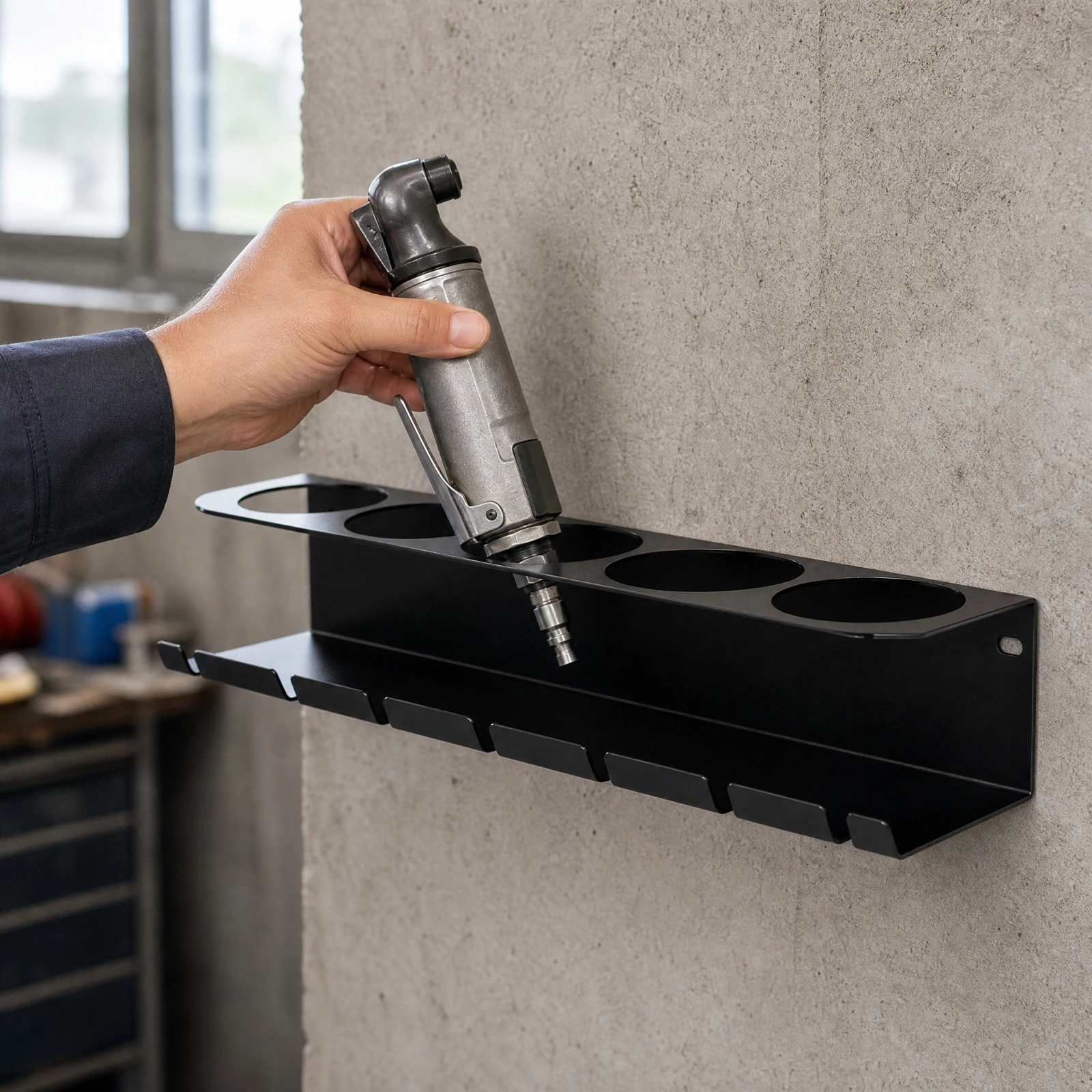 Metal Wall Shelf with Tool Slots Slim Pneumatic Tool Holder with Spray Rack Spray Paint Can Storage Rack for Garage