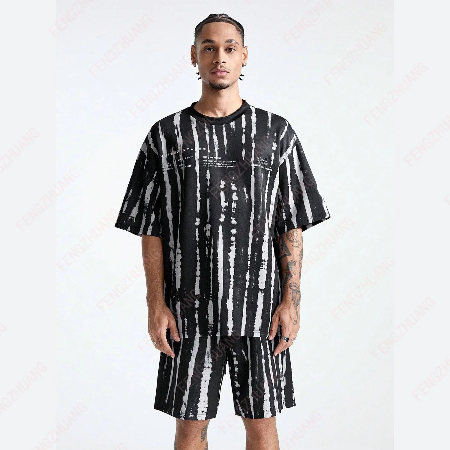 

2pcs/Set Loose Digital Printed T-Shirt Set Casual Loose With Drawstring Waist Shorts Daily Wear Exercise Set