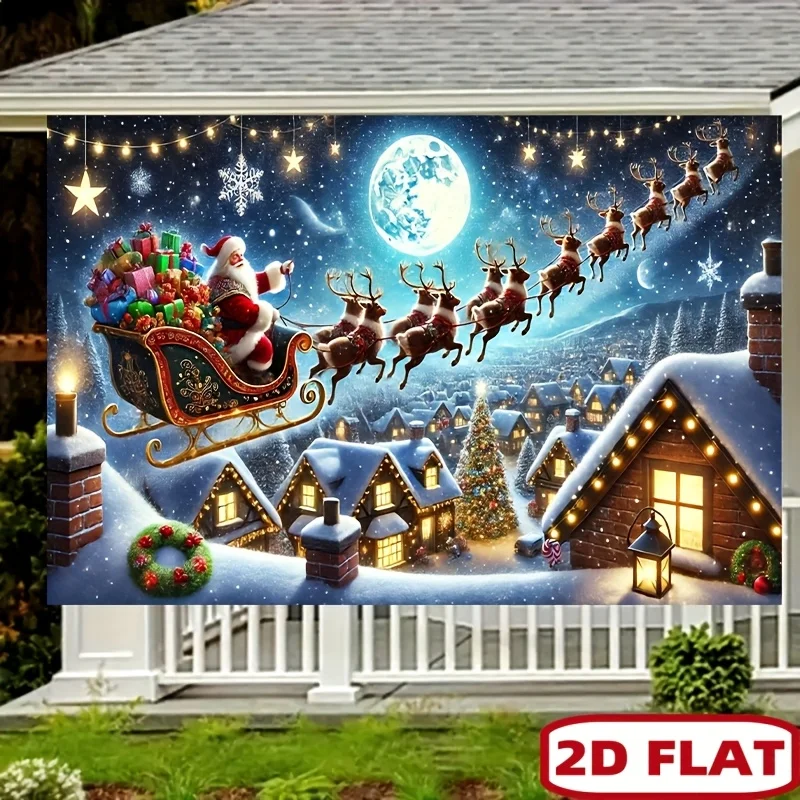 Ein flaches 2D-Hintergrundbanner aus Polyester mit Weihnachtsmann-Schlitten, geeignet für festliche Partydekoration und Fotografie-Hintergrund