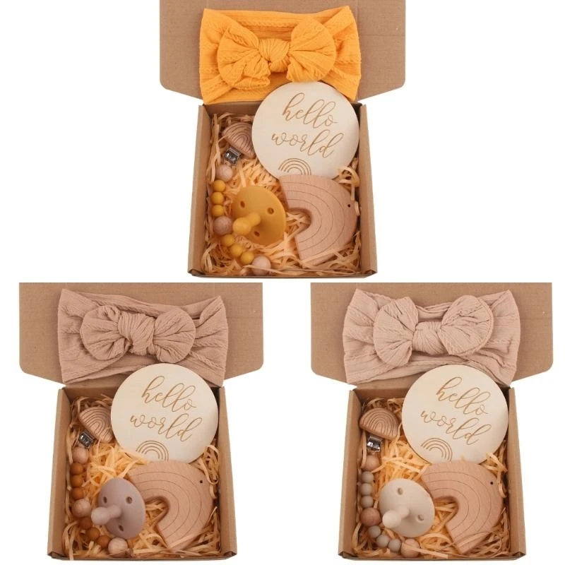 

J15U 5-in-1 Baby Gift Set Hairband and Pacifier Clip Chain Soother Lovely Showers Gift for Girls Toddlers Hair Accessories