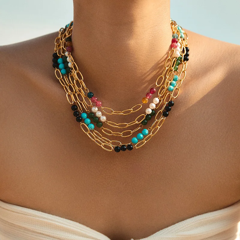 Kalung Lapis Emas 18K Sederhana, Dapat Ditumpuk untuk Wanita, Kalung Rantai Klavikula Berhias Manik-Manik, Perhiasan Fashion