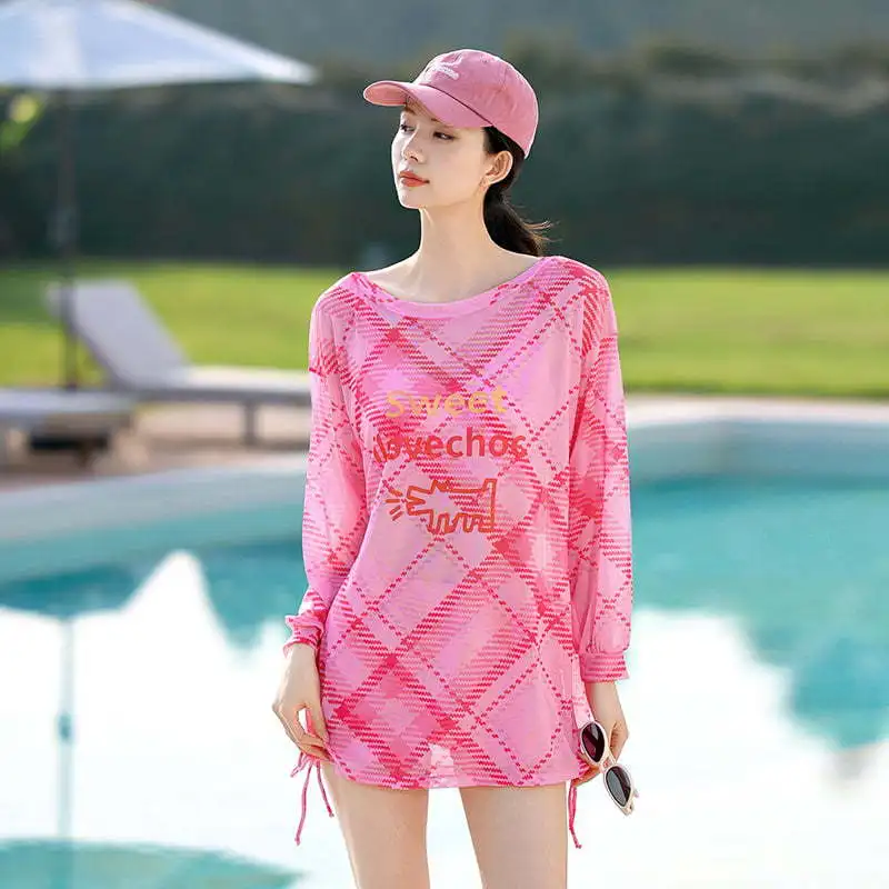 Women Swimsuit 3 pieces Long Sleeve Cover‑Up Top Strap Bikini Top Shorts Set Print Bathing Suit Beach Swimwear
