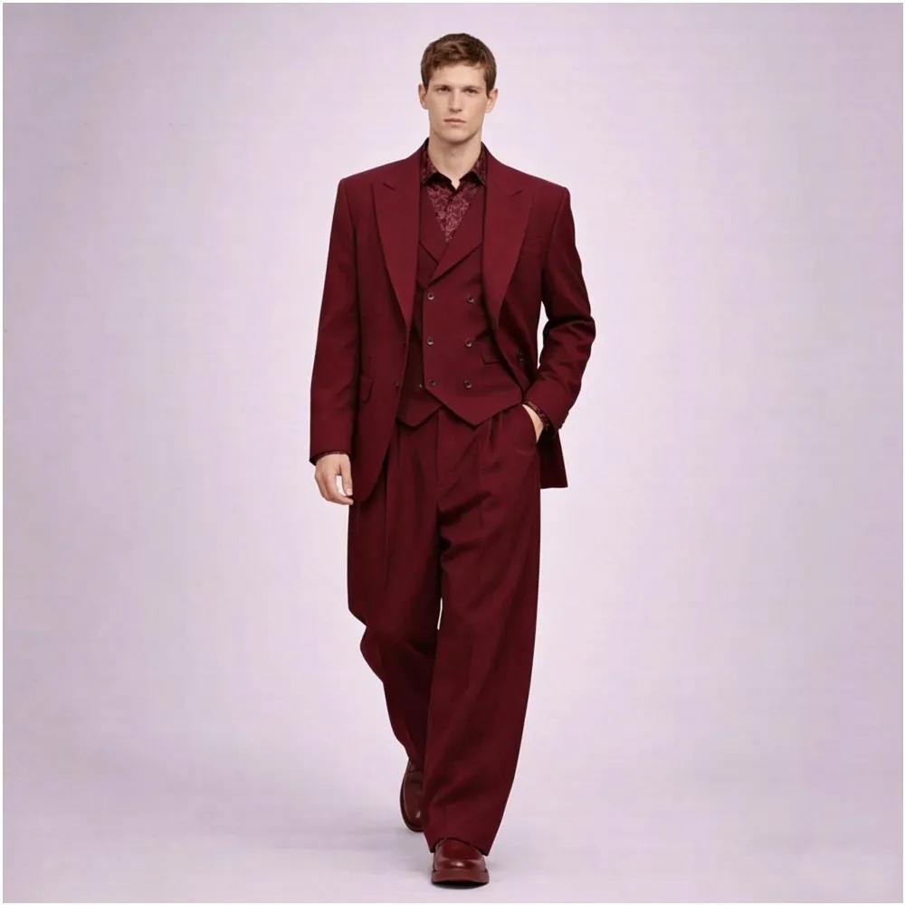 

Мужской костюм-тройка цвета бургунди свободного кроя с заостренными лацканами для бизнеса, свадьбы, выпускного вечера, торжественных мероприятий, вечерний смокинг для жениха, индивидуальный пошив, мужская одежда