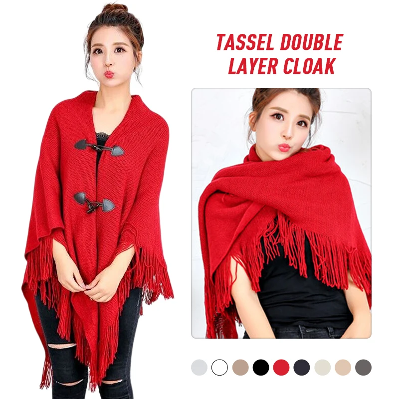 Women's Luxury Cowl Buckle Tassel Shawl Cape Autumn And Winter Solid Color Irregular Knitted Cardigan Shawl Warm Thickening