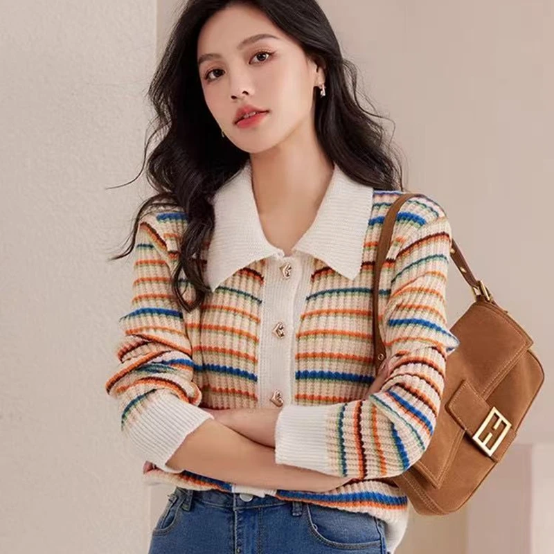 Women's Colorful Striped Knitted Cardigan Short Autumn Winter Vintage Streetwear Sweater Fashion Slimming Sweet Loose Crop Tops