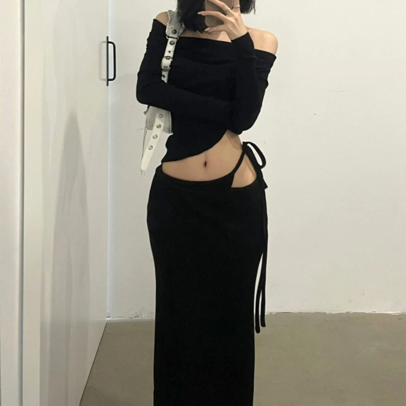 2024 Spring New Korean Strapless Sexy Threaded Knitted Long Sleeve T-Shirt Women + High Waist Lace Up Black Skirt Two-Piece Suit