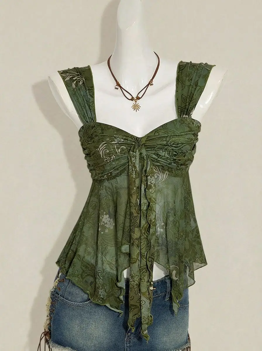 Vintage Green Paisley Mesh Cami Top Sweetheart Neck Twist Front Irregular Ruffle Hem Boho Sleeveless Y2K Tank Vest Top For Women