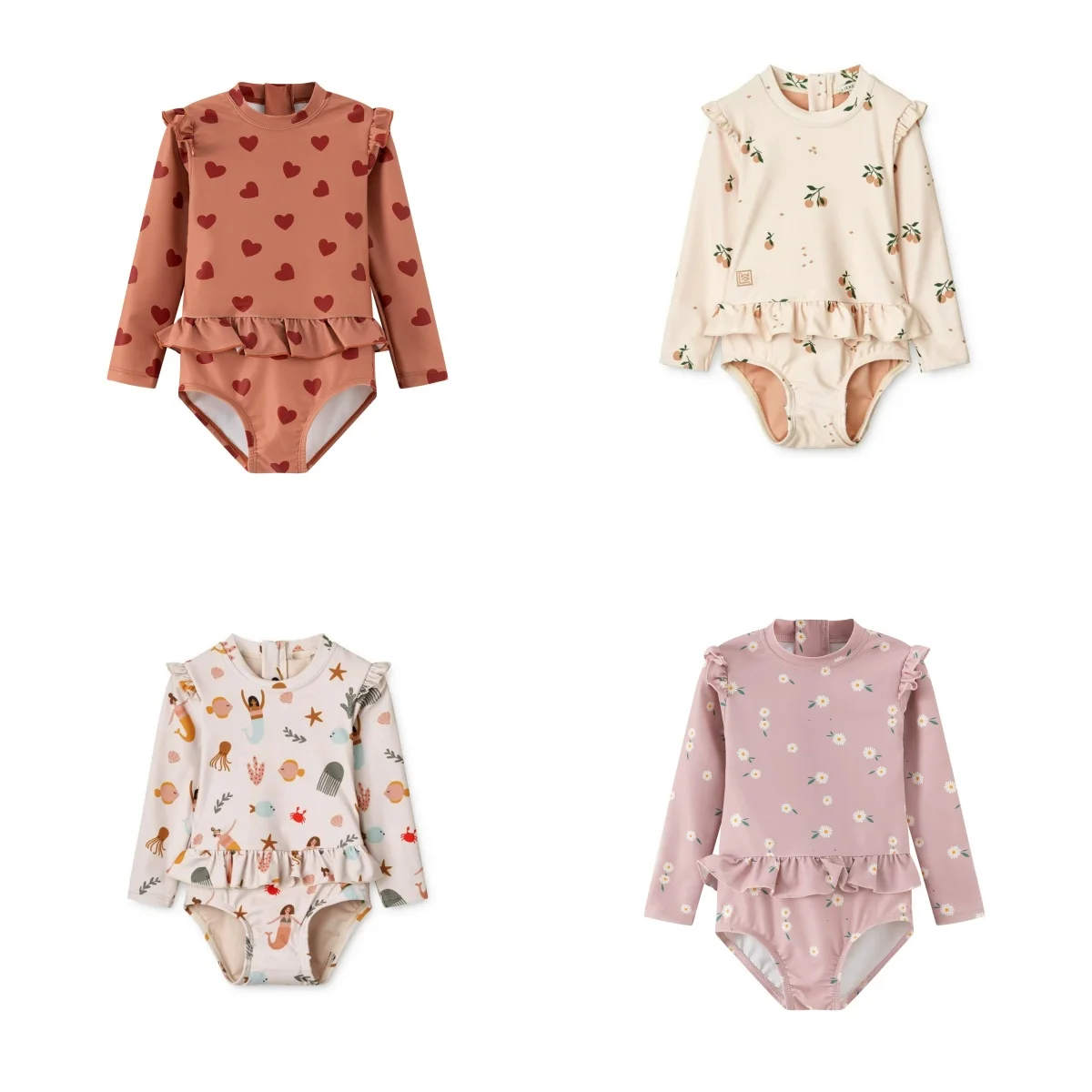 New 2026 Summer Toddlers Girls Printed Long Sleeve Swimsuits Ruffles Sunproof One-piece Children Beach Swimwear