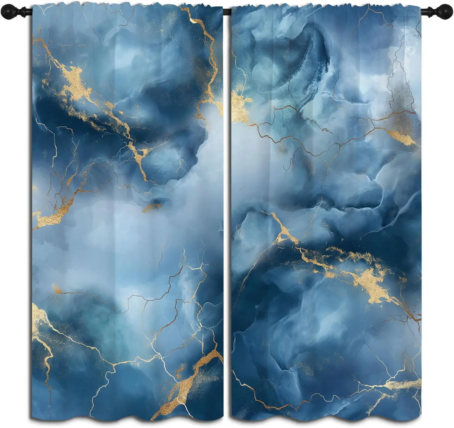 Marble Blackout Curtains for Boys Girl Bedroom Decor,Golden Cracks Blue White Abstract Texture Thermal Insulated Rod Pocket