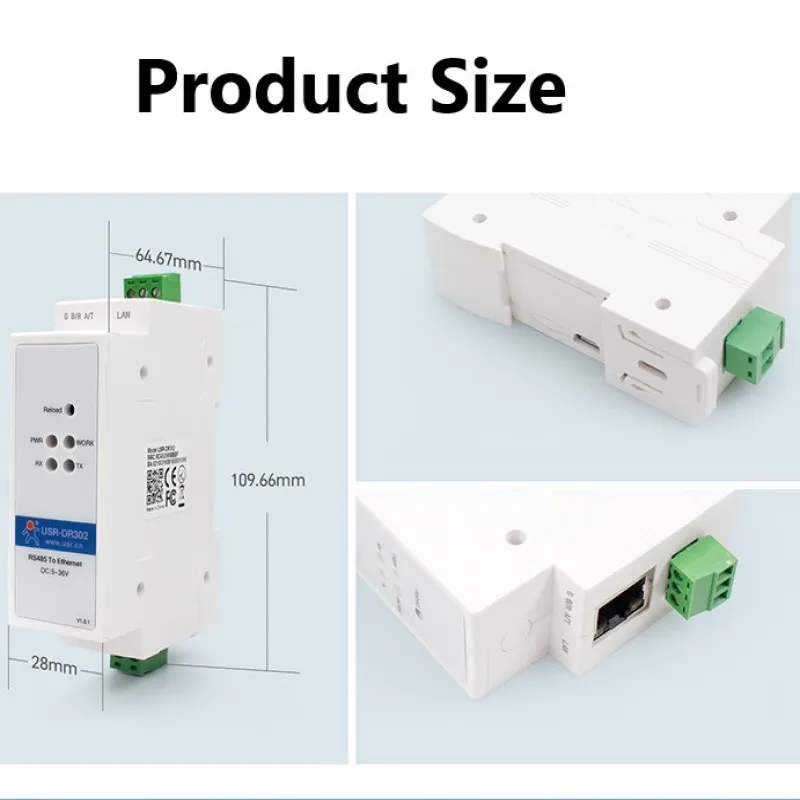 USR-DR302 Din 레일 직렬 RS485-이더넷 TCP IP 서버 모듈, 이더넷 컨버터 Modbus RTU-Modbus TCP 유닛 3, 5 개