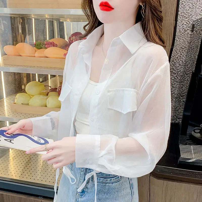 Summer New Korean Commuter Drawstring Sheer Short Solid Color Sunscreen Chiffon Blouse Polo Neck Long Sleeve Button Women Shirts