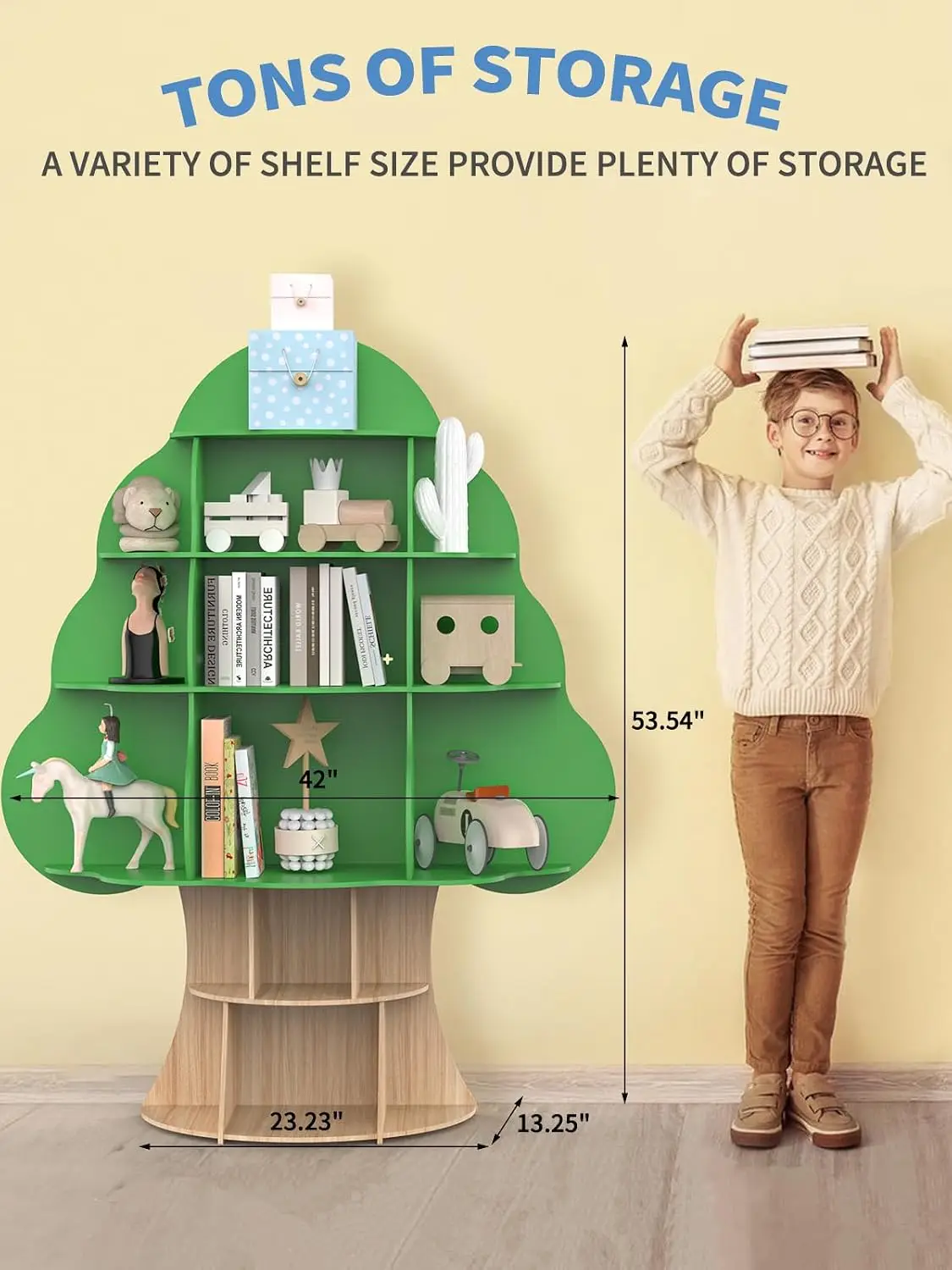 Kids Wood Bookcase 16 Cubby Children Toy Storage Organizer Shelf Green Tree Toddler Rooms Nursery Bedroom Living Room Classroom