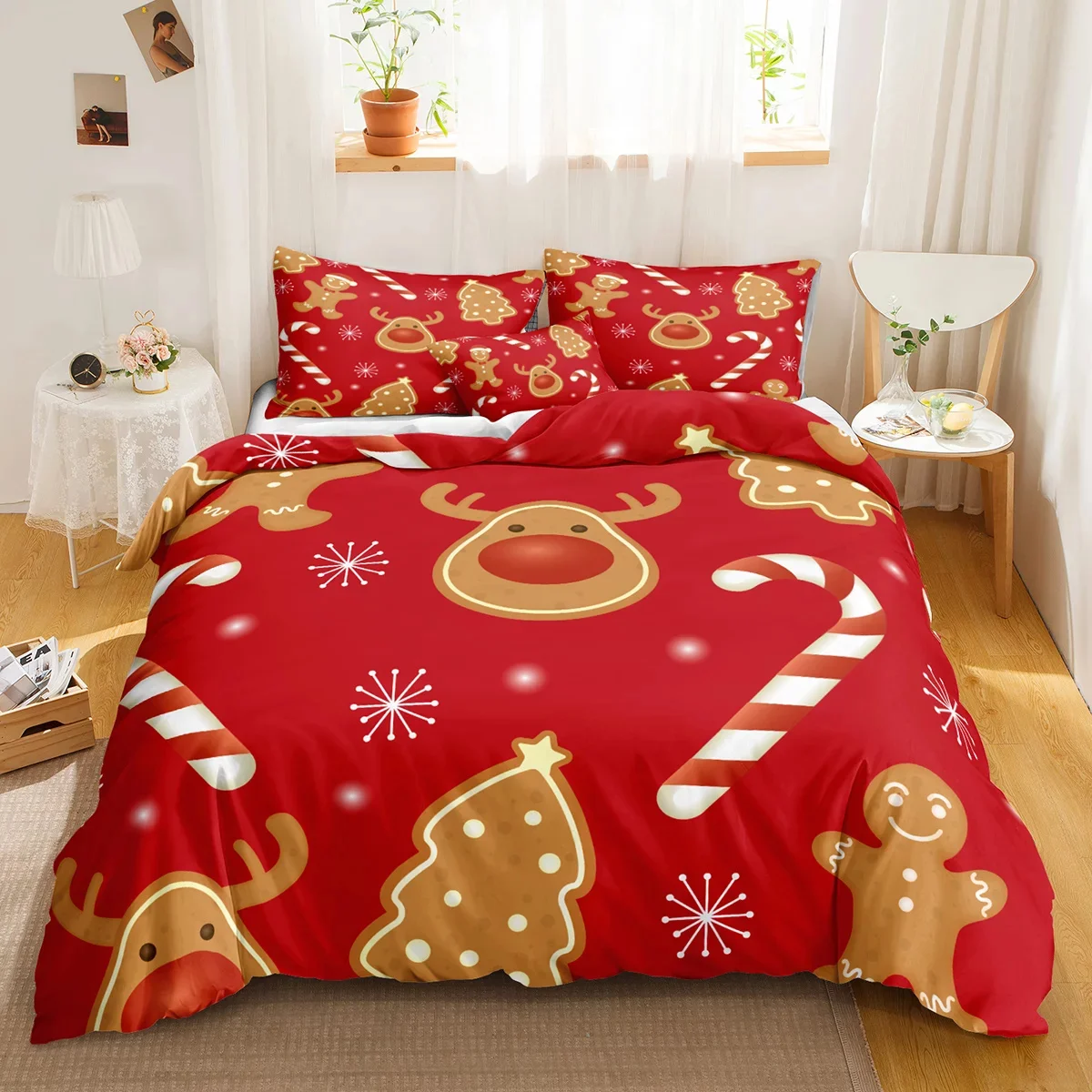 Red Christmas Duvet Cover Bedding Sets Snowflake Duvet Cover Set White Snowflake Microfiber for Bedroom Decoration Teens Women