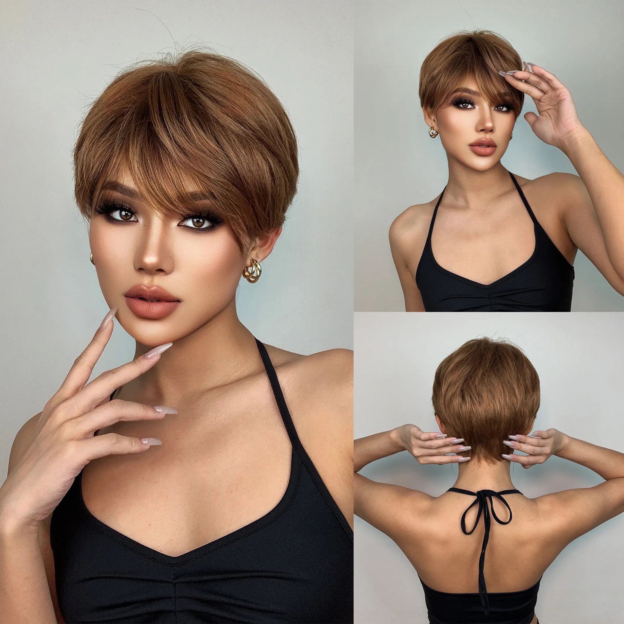 Short Brown Highlight Wig for Women, Pixie Cut