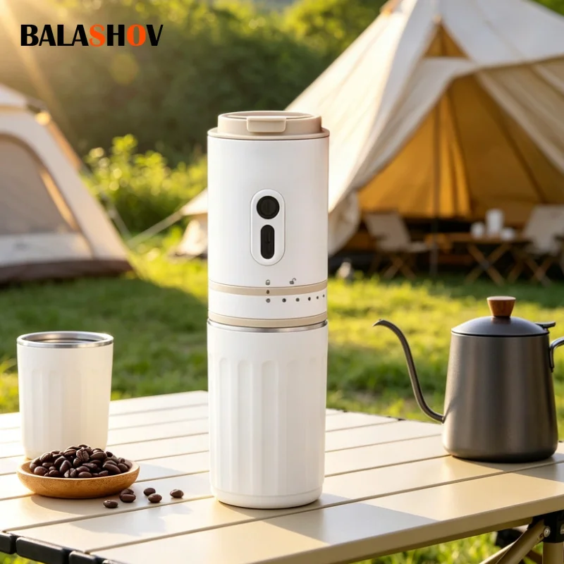 Tragbare All-in-One-Kaffeemaschine mit elektrischem Kaffeemühlen, faltbarem Präzisionsfilter, kompakte kleine Kaffeemühle für Outdoor, Camping, Büro, Zuhause und Reisen.