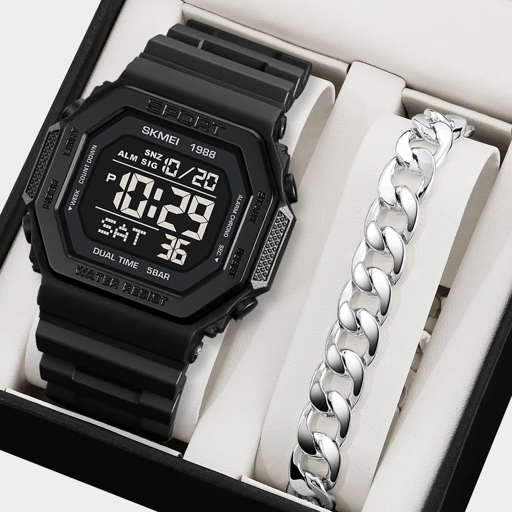 

SKMEI модные цифровые спортивные водонепроницаемые часы 5 бар для мужчин и женщин с обратным отсчетом Chrono военные наручные часы и браслет Reloj Hombre