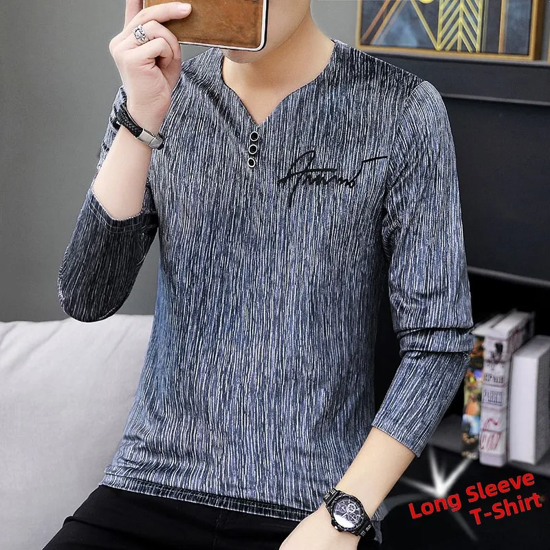 

Мужская футболка Long Sve V-Ne Base irt Casual Sle Korean Faion, осенняя одежда, дышащая, удобная, полиэстер