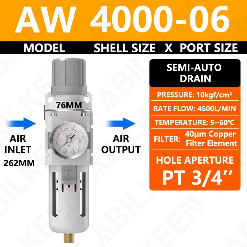 

Пневматический воздушный фильтр ABILKEEN AW4000-06/AW4000-06D PT3/4'' с автоматическим/полуавтоматическим дренажем, латунный элемент 40 мкм, регулятор давления