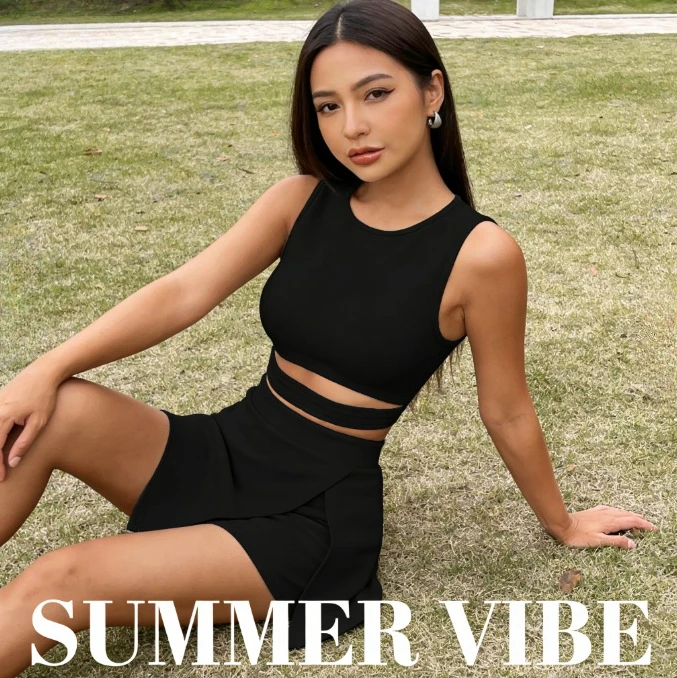 

Женский модный комплект из двух предметов: укороченный топ, облегающий вязаный жилет, шорты с высокой талией, эластичные брюки, европейский стиль, реквизит для фотосессий