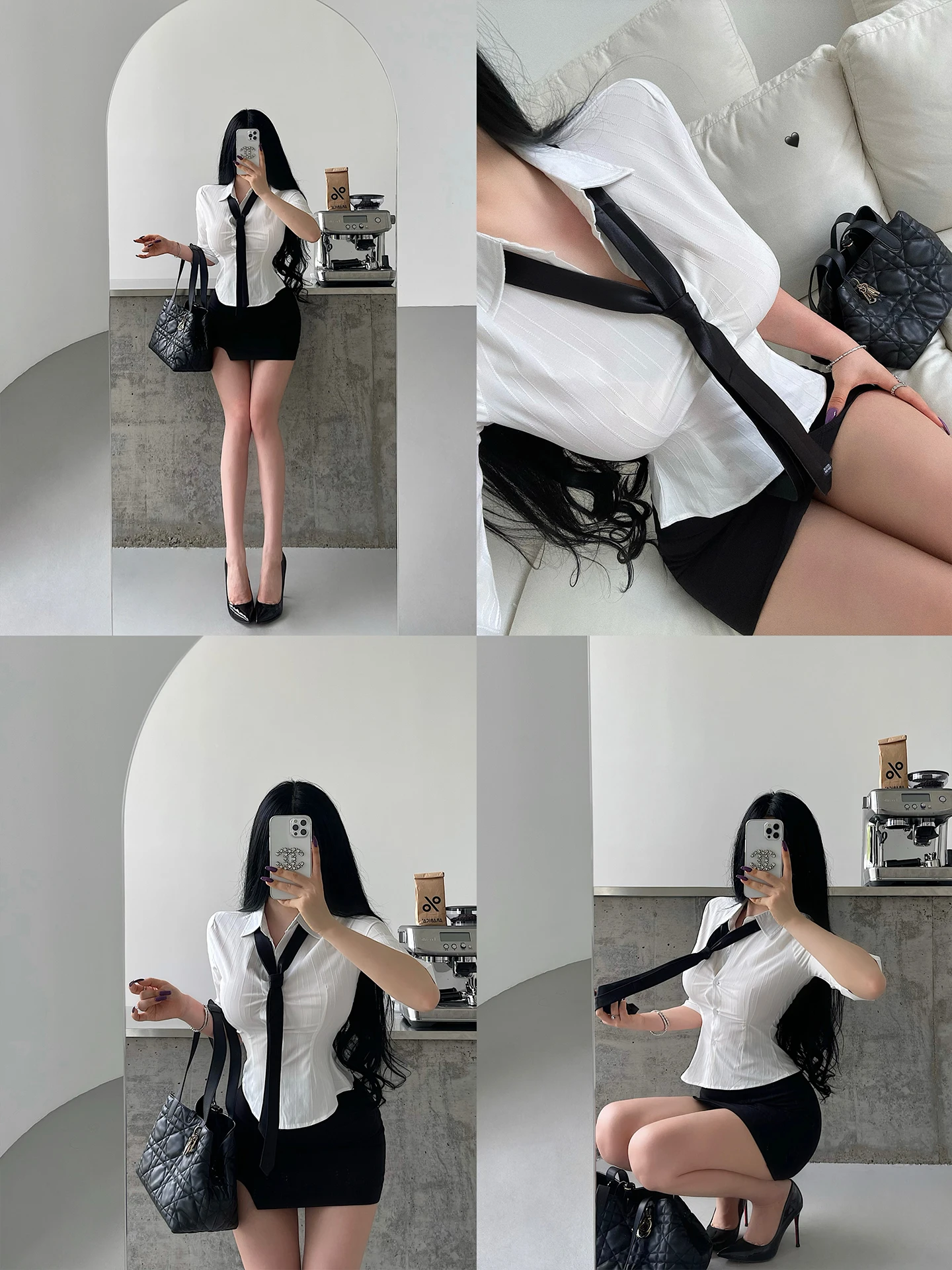 Slim Fit Korean Style Shirt Women's Belted Waist Tie Cuff mid Sleeve Single Button Casual Top Pure Color Business Shirt