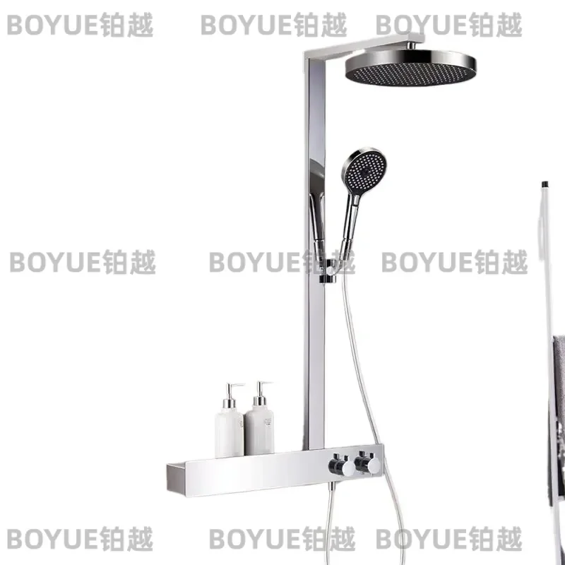 Solid Brass Thermostatic Shower Set Wall Mounted High Pressure Rainfall Head Large Screen Nozzle with Storage Shelf Bathroom