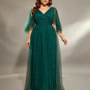 Mgiacy-V-Neck Cross Plisados Breast Dress Night, Long Sleeve, Fillet Netting, a Full Skirt, Night Dress, Party Dress, Plus Size 10 Main Sales Long Plus Size Dress - №5