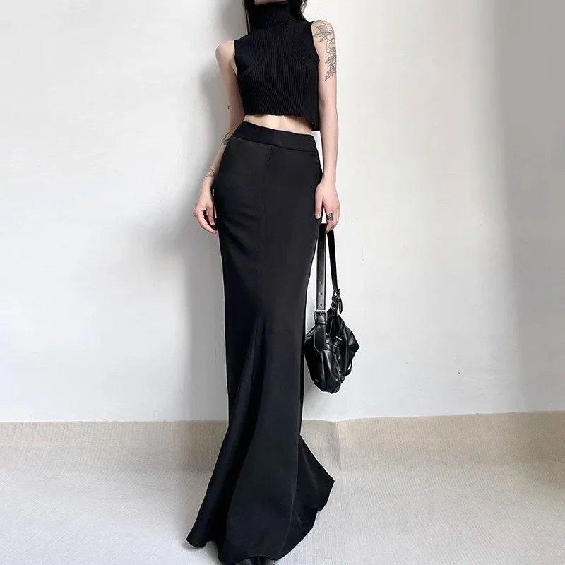 Elegant Bodycon Long Skirt Women Sexy Black Elastic High Waist Mermaid Maxi Skirts Female Summer Streetwear Wrap Hip Skirt Woman