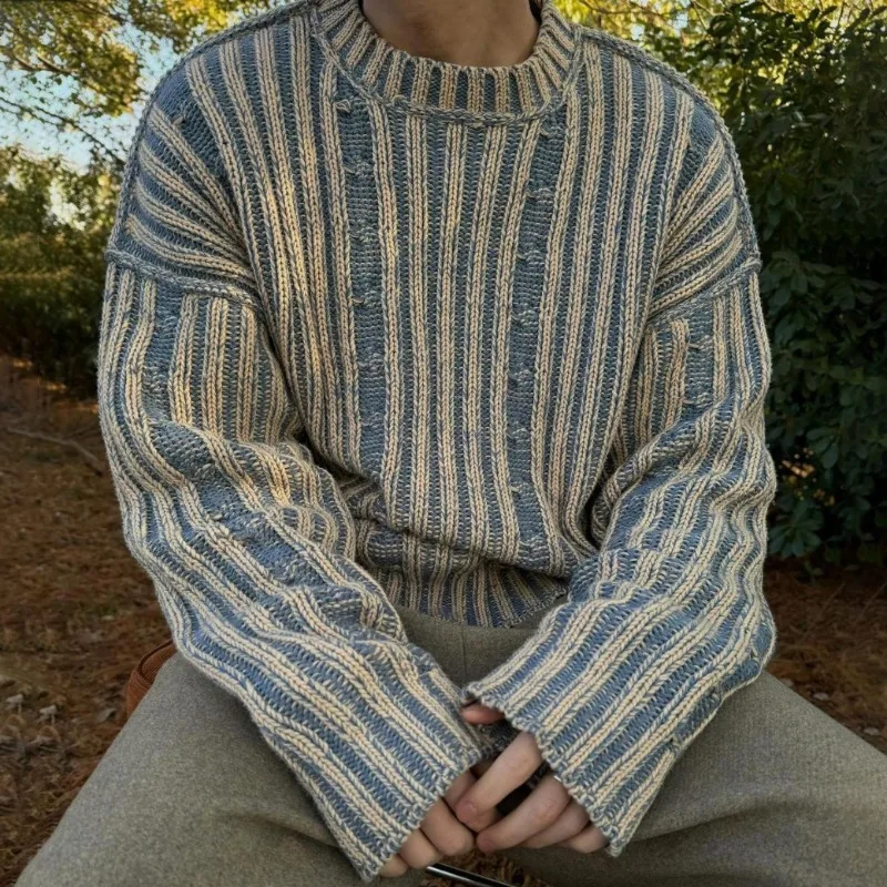 

Нишевый разноцветный вязаный свитер для мужчин в японском стиле, ретро полосатый контрастный пуловер с круглым вырезом, повседневные джемперы для пары