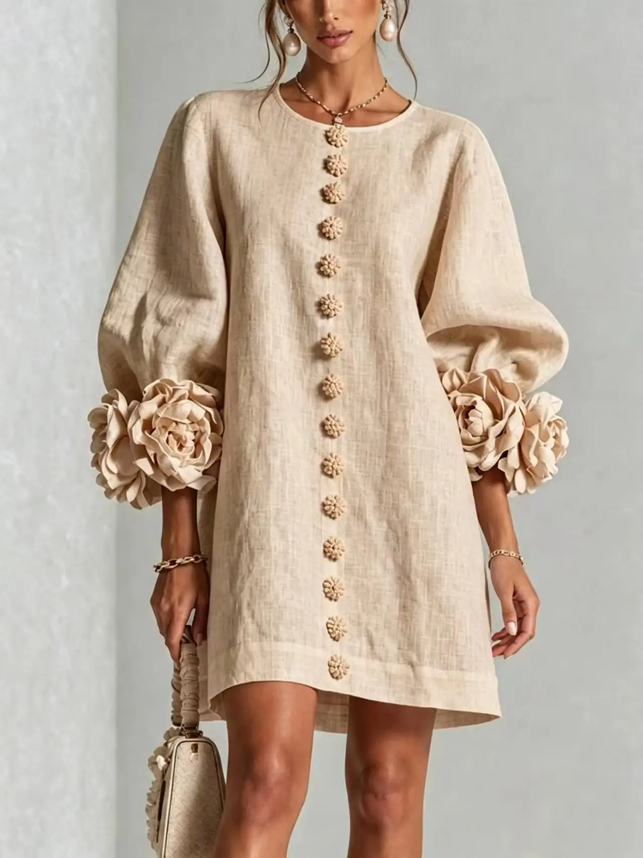 Damen Französisches 3D-Blumenkleid mit Laternenärmeln aus Baumwolle und Leinen, Rundhals, einreihig, locker geschnitten, kurzes Urlaubskleid für mollige Frauen – Detail 11