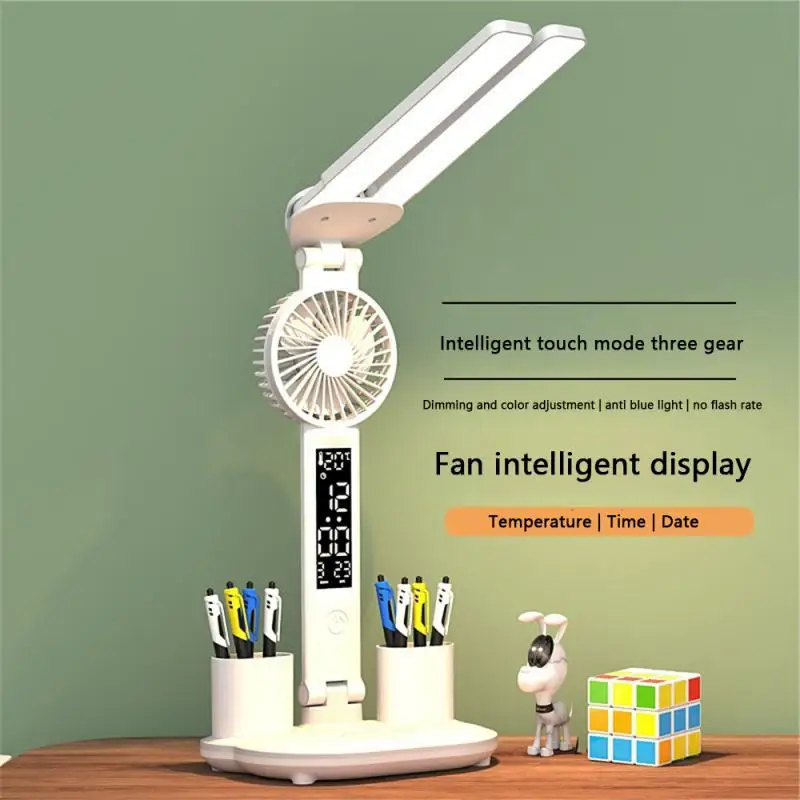 

3in1 Multifunction Table Lamp LED Two-headed Folding With Fan Calendar Clock USB Rechargeable Desk light 3 color Reading Lamp