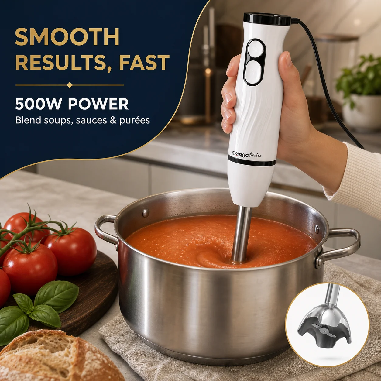 MONSGA By erabros Electric Hand Immersion Blender Mixer, 4 in 1 Hand Mixer Detachable Stick Blender Multifunctional Egg Whisk Milk Frother with 2 Mixing Speed, Includes Vegetable Chopper Meat Grinder Juice Whisk Cup
