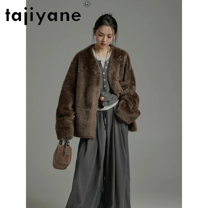 TAJIYANE Quality Merino Sheep Shearling Fur Jacket Women Winter Coats Real Fur Coat Woman Clothing V-neck Loose Шуба Женская New
