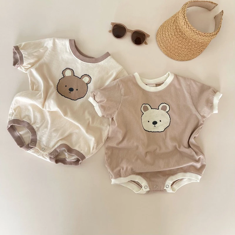 2023 Summer Baby Girl Boys Bear Casual Short-sleeved Bodysuits Jumpsuit Toddler Boy Cotton Cartoon Romper One-pieces Clothing