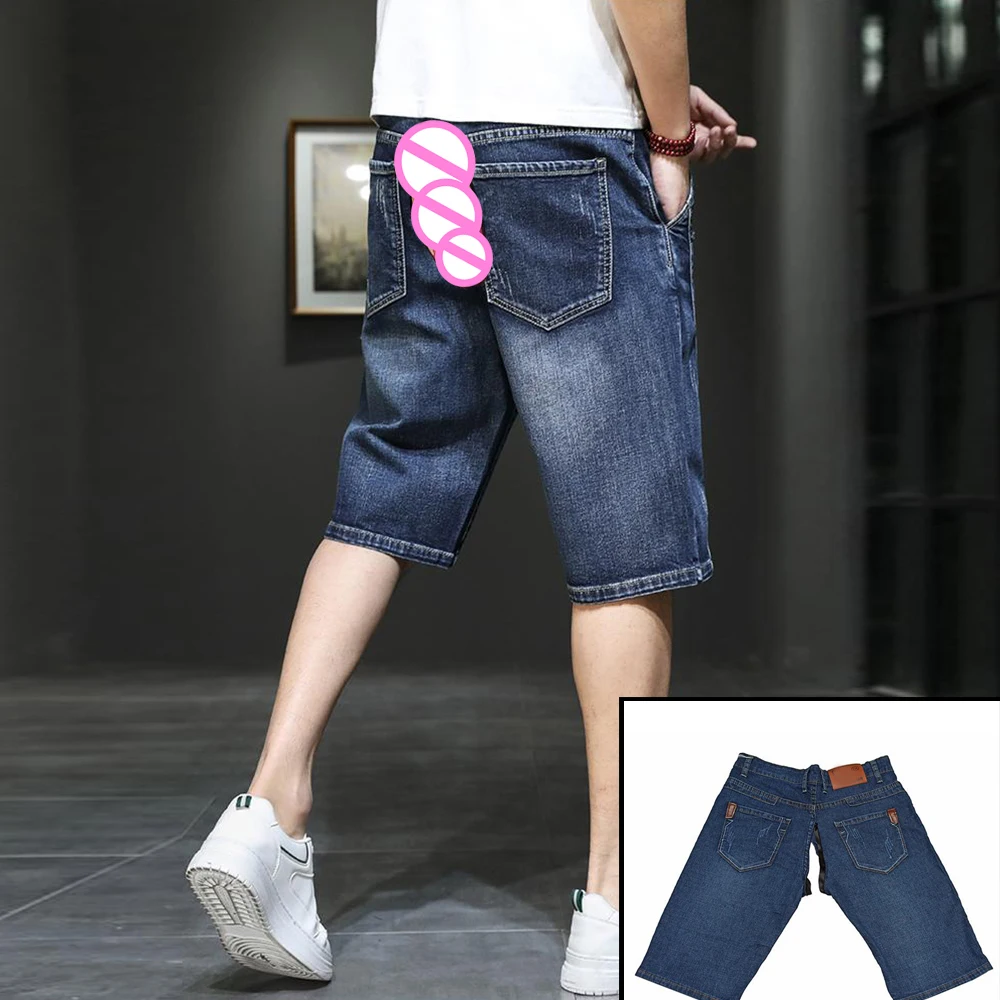 

Straight Five-points Casual Breeches Trend Stretch Denim Shorts Men's Invisible Open Crotch Outdoor Sex Loose Large Size Pants