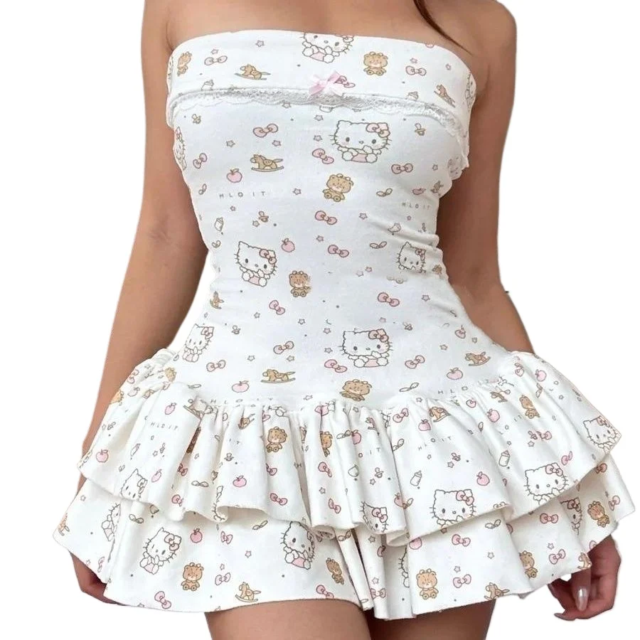 

Sanrio'sJapanese Retro Kawaii Cartoon Kitten Print Dress New Y2K Slim-Fit Cake Skirt Women's Harajuku Sexy Strapless Dresses Hot